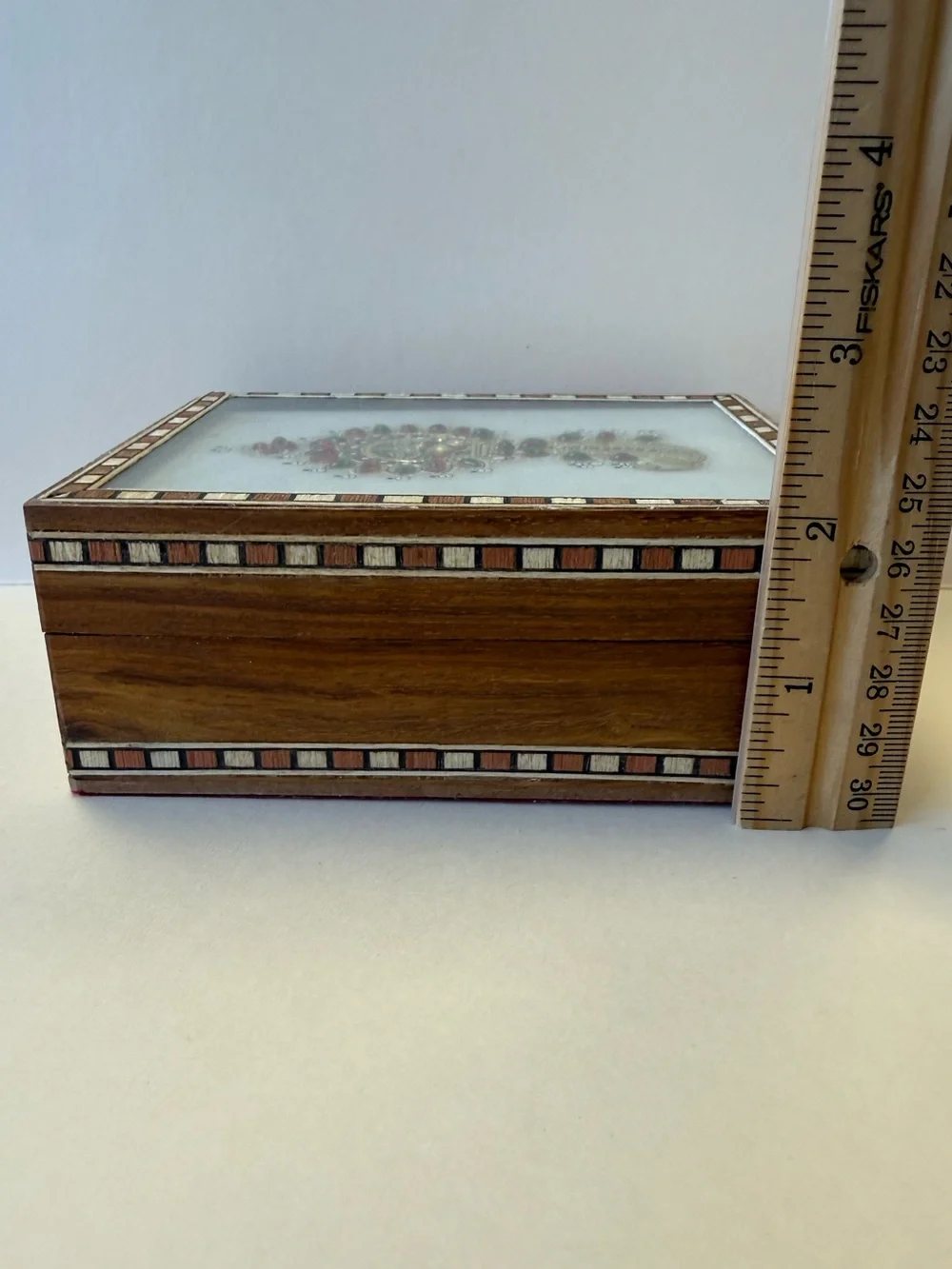 Vintage India Wood Inlay Jewelry Trinket Keepsake Box w/ Mosaic Stone Accent Lid